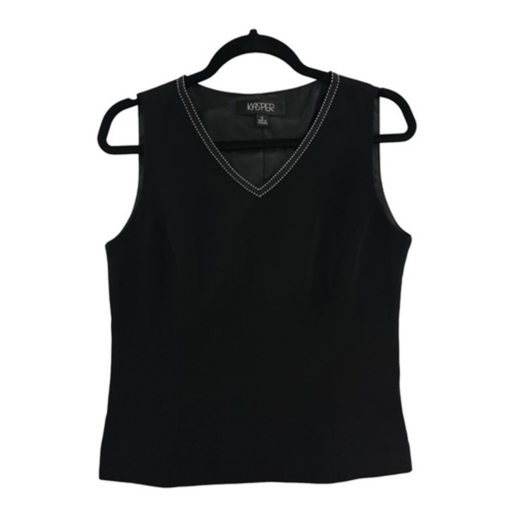 Kasper V-Neck Shell Top Womens Size 6 Black Excellent Contrast Stitch Sleeveless